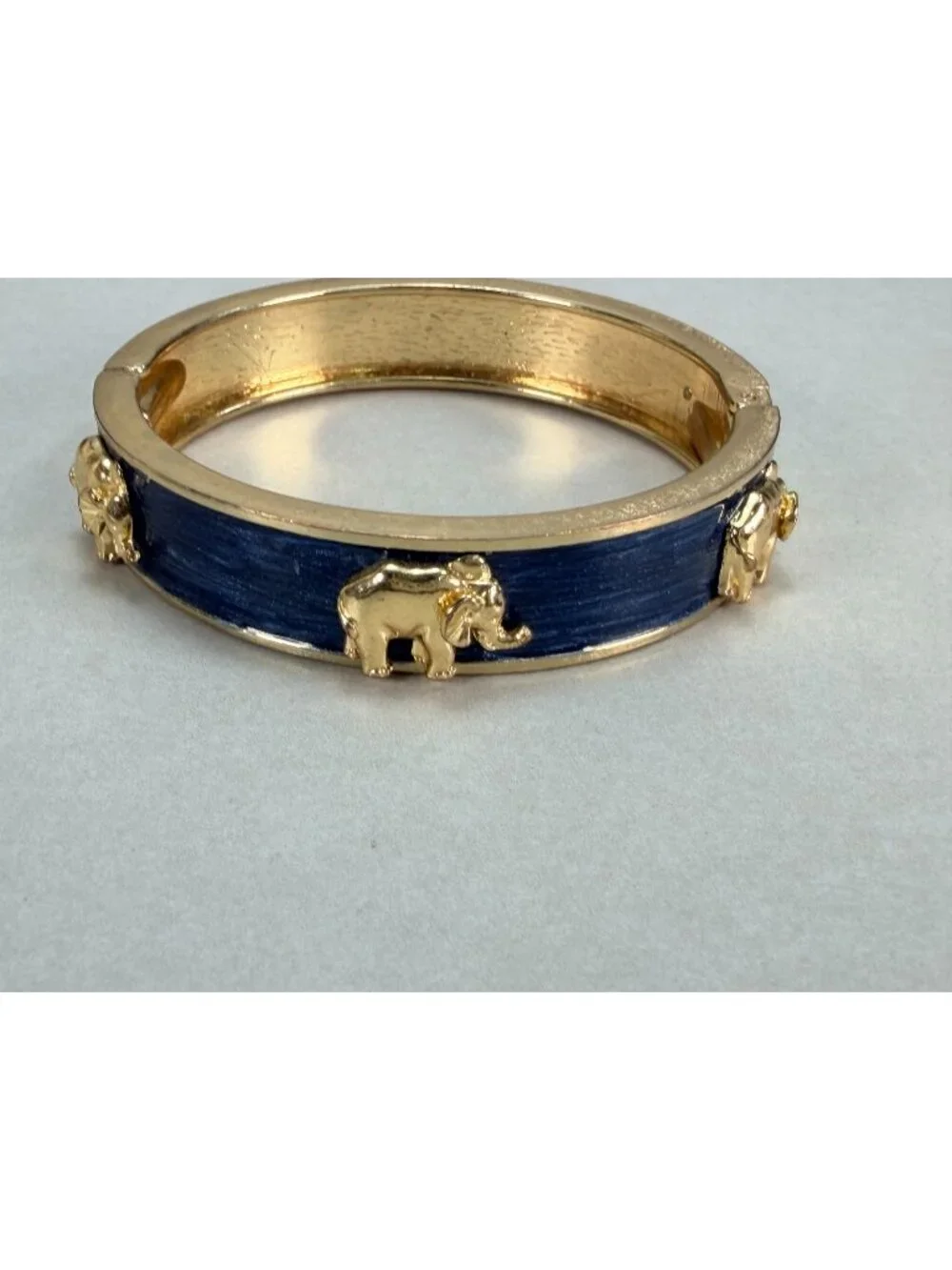 Vintage Gold Tone Blue Elephant Hinged Bangle Bracelet Relief Animal Hinged